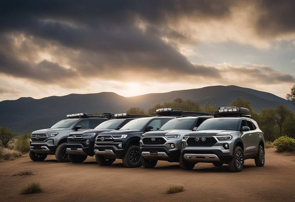 A group of off-road SUVs parked in a scenic outdoor setting, with rugged terrain in the background. The vehicles are spacious and equipped for family adventures