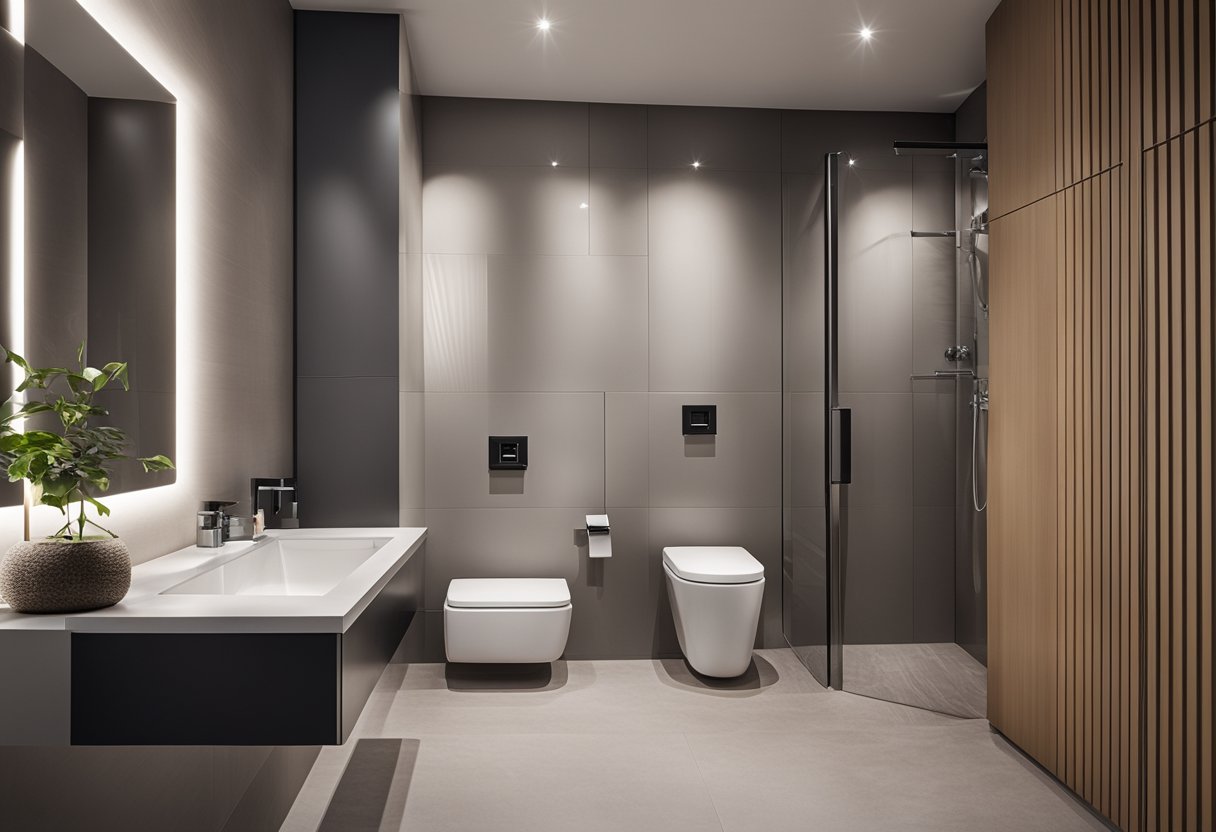 A sleek, modern water closet with efficient storage solutions, private bathroom design