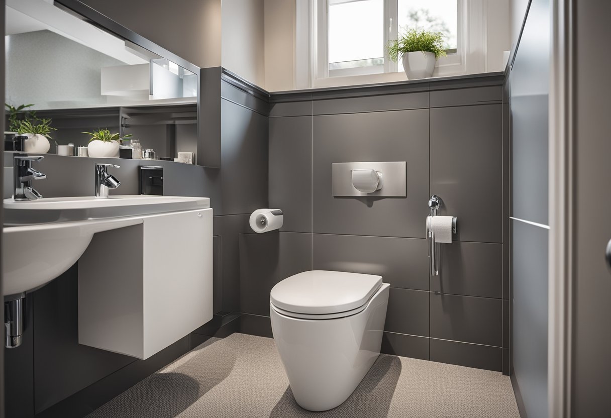 A modern water closet with grab bars, non-slip flooring, and adjustable showerhead in a private bathroom