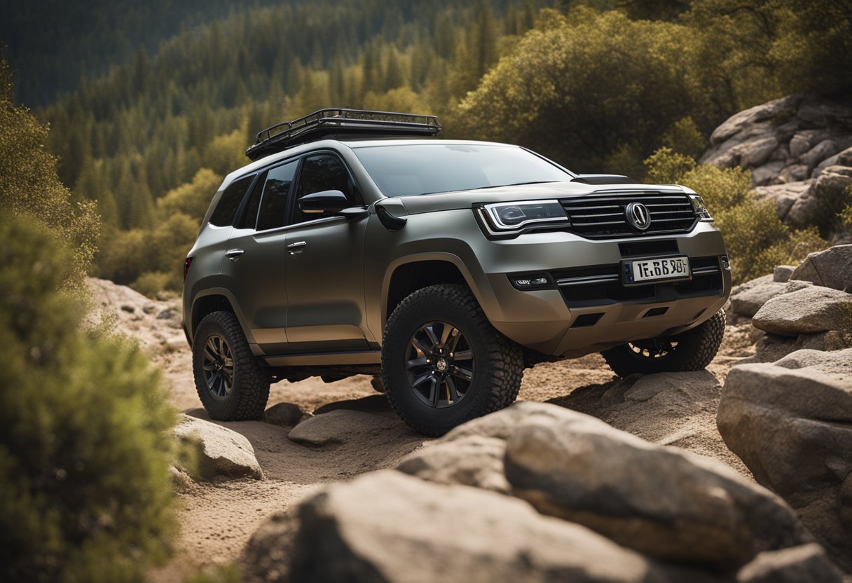 A rugged SUV navigates a rocky terrain, with a family inside, showcasing its durability and off-road capability