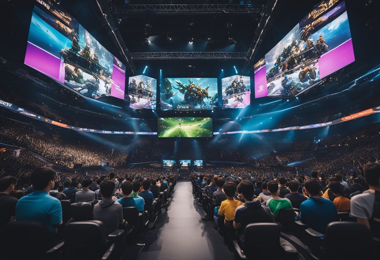 A crowded arena with giant screens displaying games like League of Legends, Dota 2, and Overwatch. Spectators cheering as players compete on stage