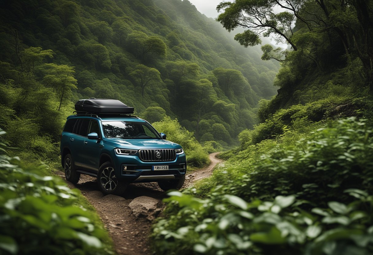 A rugged SUV navigates a rocky trail, surrounded by lush greenery and wildlife, emitting minimal emissions