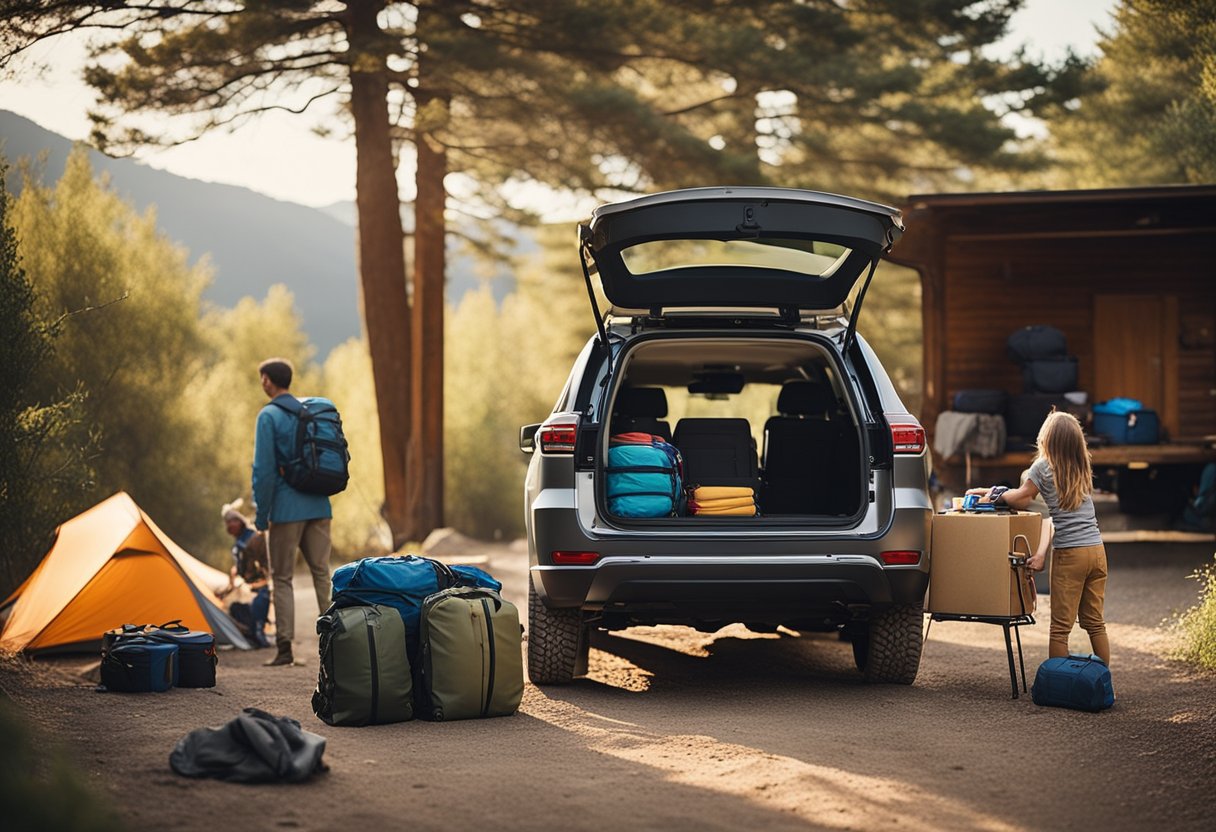 An off-road SUV parked in a driveway, surrounded by rugged terrain and a family of four loading camping gear into the spacious trunk