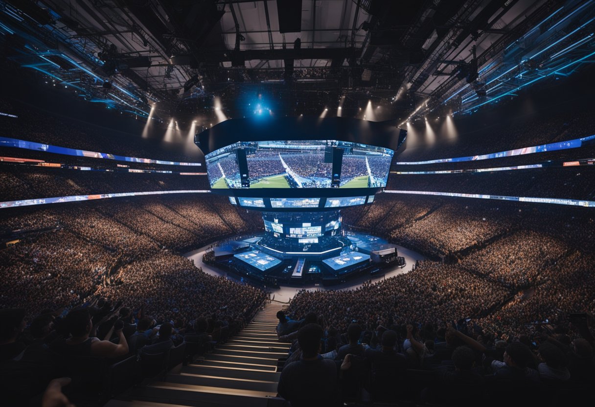 A crowded arena filled with fans cheering as teams compete in popular esports games like League of Legends, Fortnite, and Counter-Strike. Screens display intense gameplay while commentators provide lively commentary