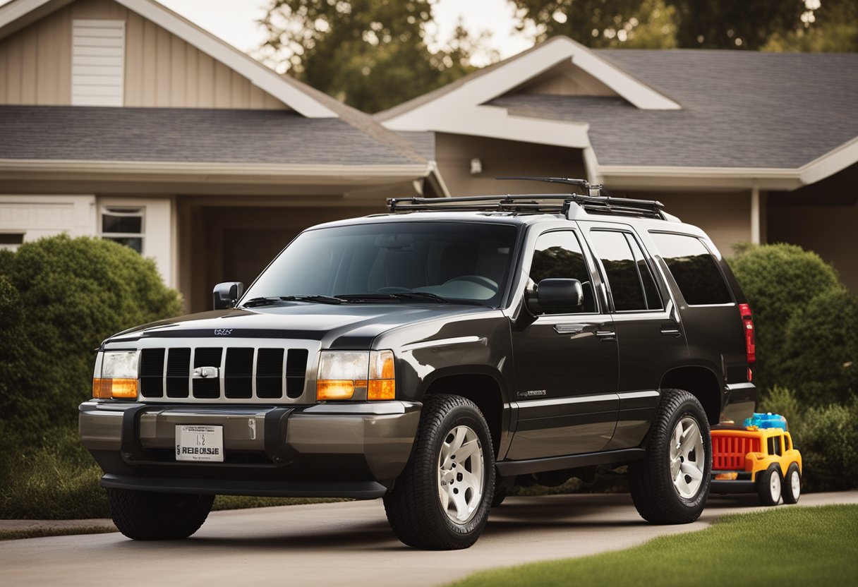 A rugged SUV parked in a suburban driveway, surrounded by kids' toys and a family-friendly neighborhood, with a "For Sale" sign in the window