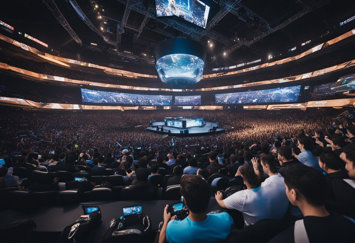 A crowded arena with giant screens displaying popular esports game titles. Fans cheer as players compete on stage. Bright lights and intense energy fill the room