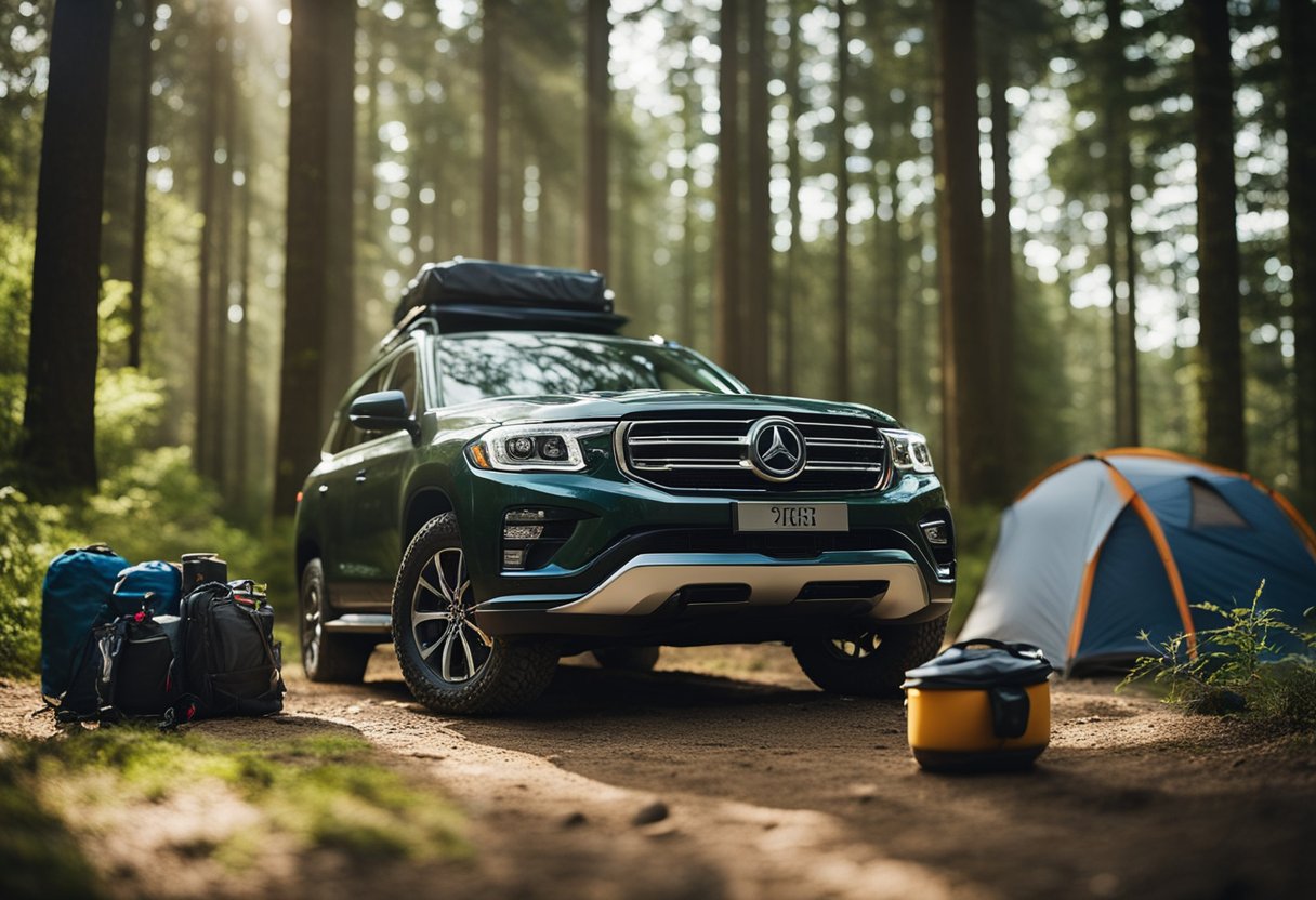 An off-road SUV parked in a forest clearing, surrounded by a family camping setup. A map and camping gear are scattered around the vehicle