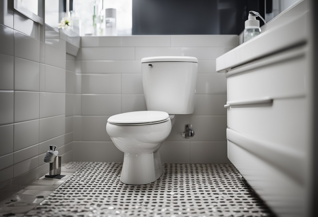 A person is cleaning a modern private bathroom with a white toilet, sink, and tiled floor. A cleaning brush and spray bottle are on the floor