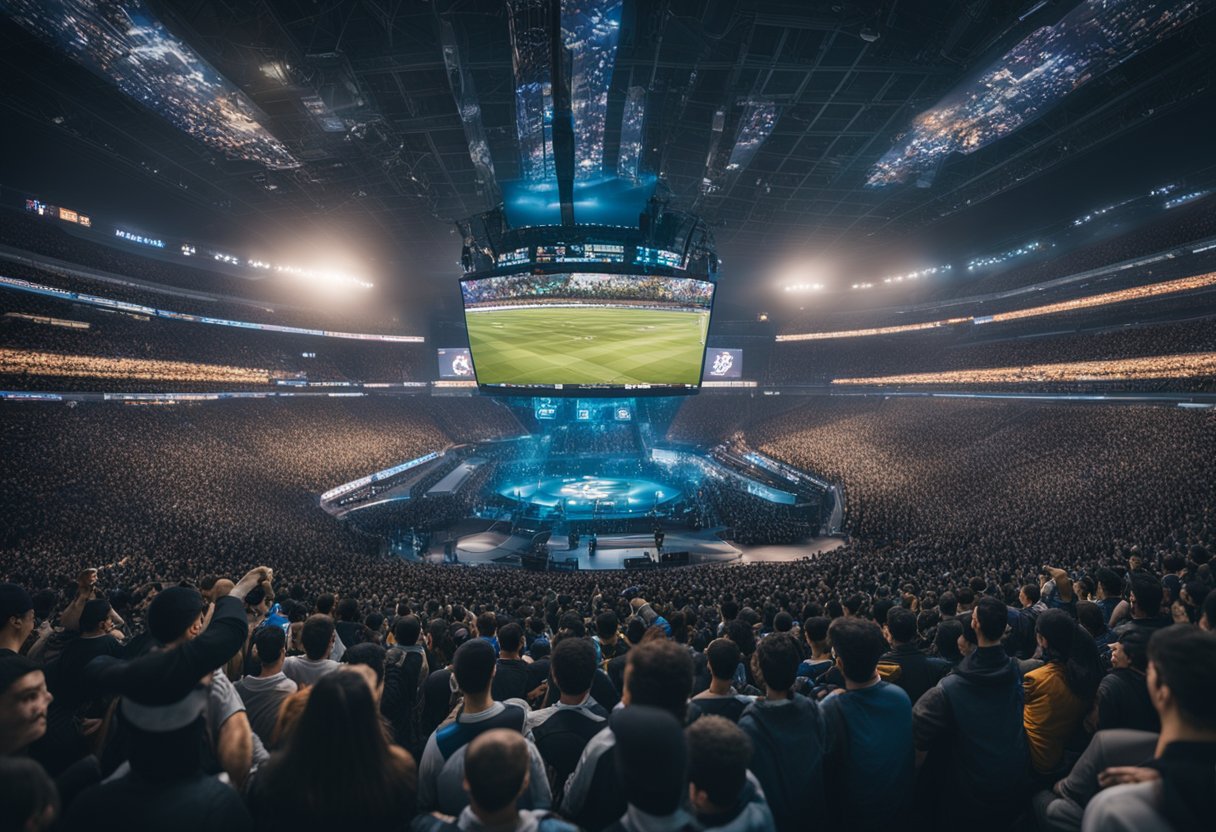 A crowded stadium filled with cheering fans, giant screens displaying intense esports matches of popular games like League of Legends, Dota 2, and Counter-Strike