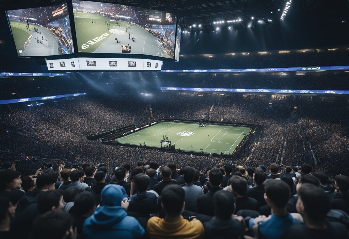 A crowded arena with teams competing in popular esports games like League of Legends, Dota 2, and Overwatch. Spectators cheer as players strategize and make intense game-winning moves