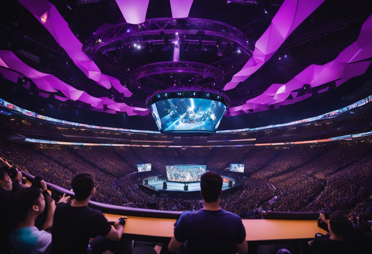 A crowded stadium filled with cheering fans as teams compete in popular esports games like League of Legends, Dota 2, and Overwatch. Bright lights and giant screens illuminate the intense matches