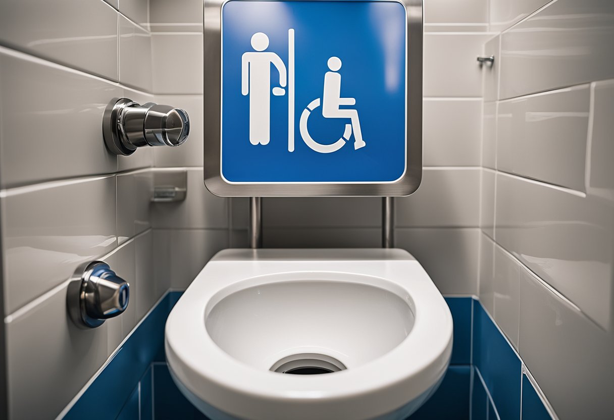 A clean, modern water closet with clear signage, grab bars, and accessible features for regulatory compliance