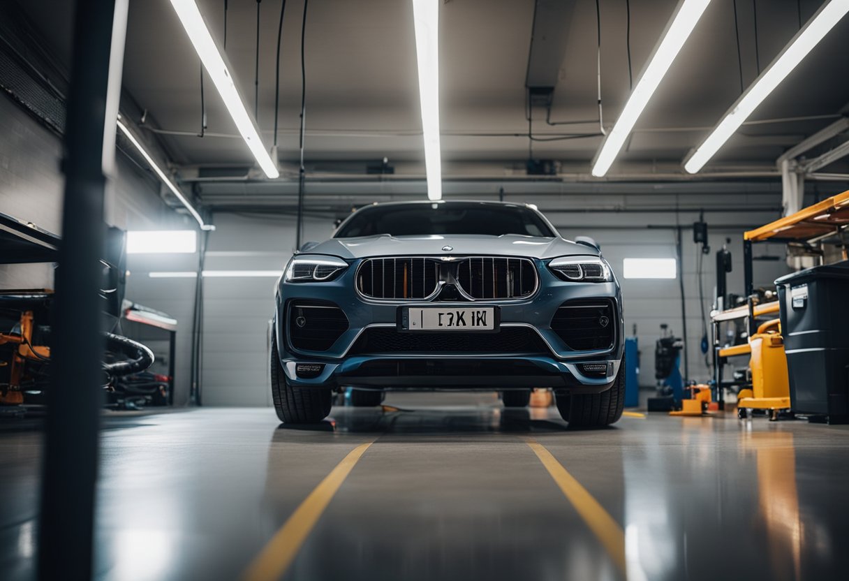 A car sits in a clean, well-lit garage. A person is meticulously cleaning the car's exterior, using various detailing tools and products. The car's paint gleams under the bright lights, showcasing the results of the detailing process