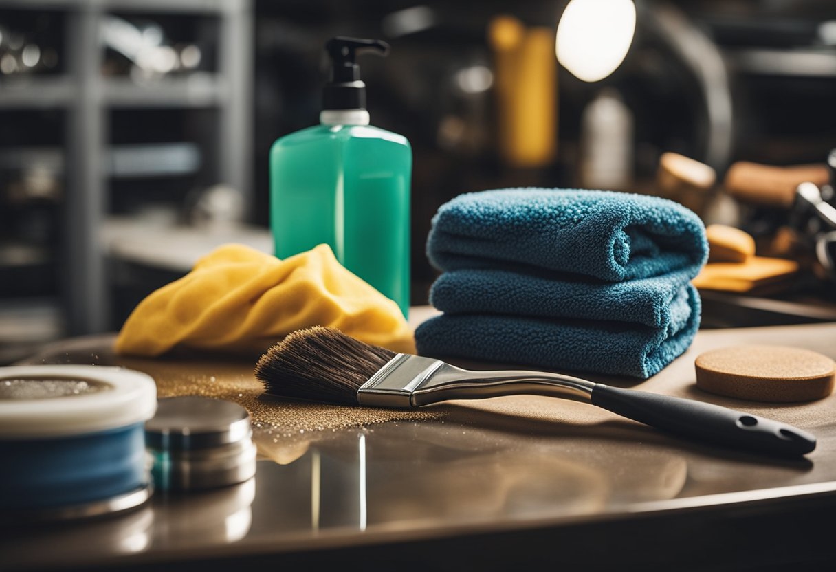 A workbench cluttered with car wax, microfiber cloths, polish, and detailing brushes. A car's glossy surface reflects the overhead lighting