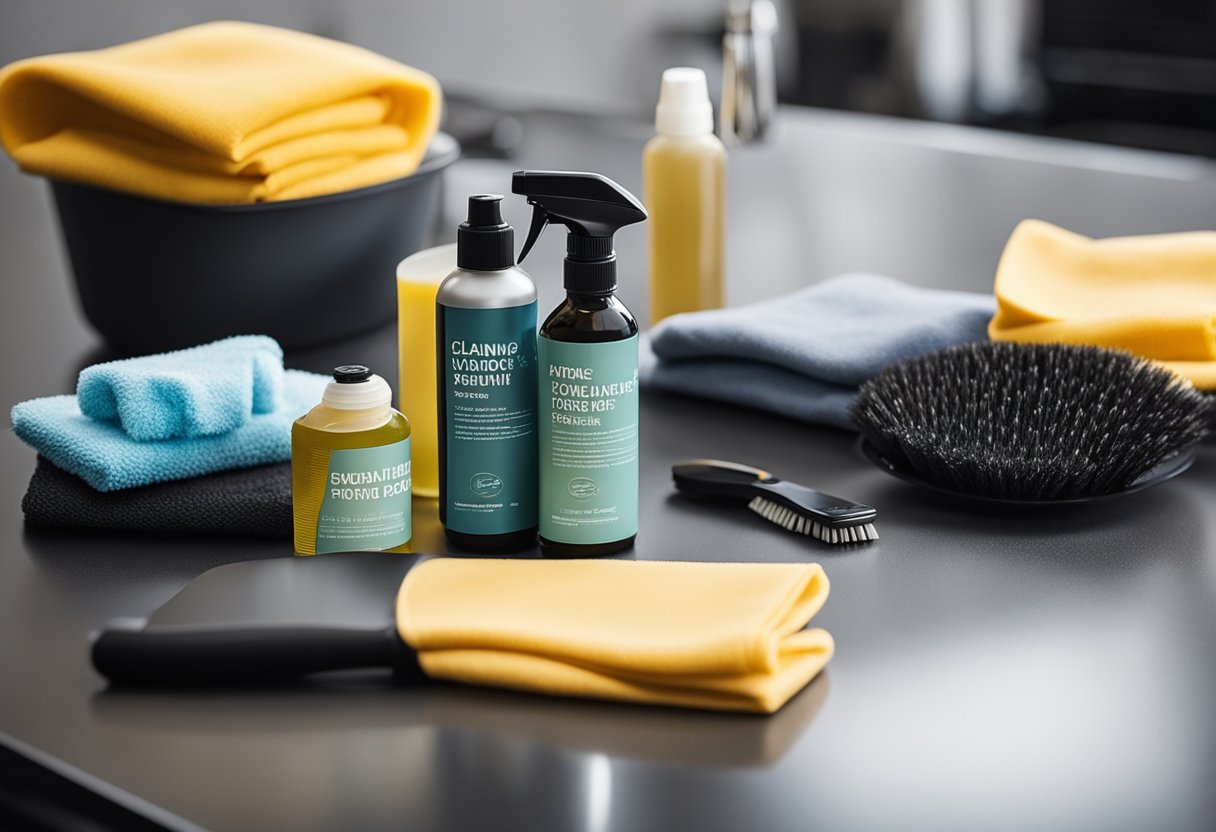 A car interior with cleaning products, microfiber cloths, and detailing brushes laid out on a work surface