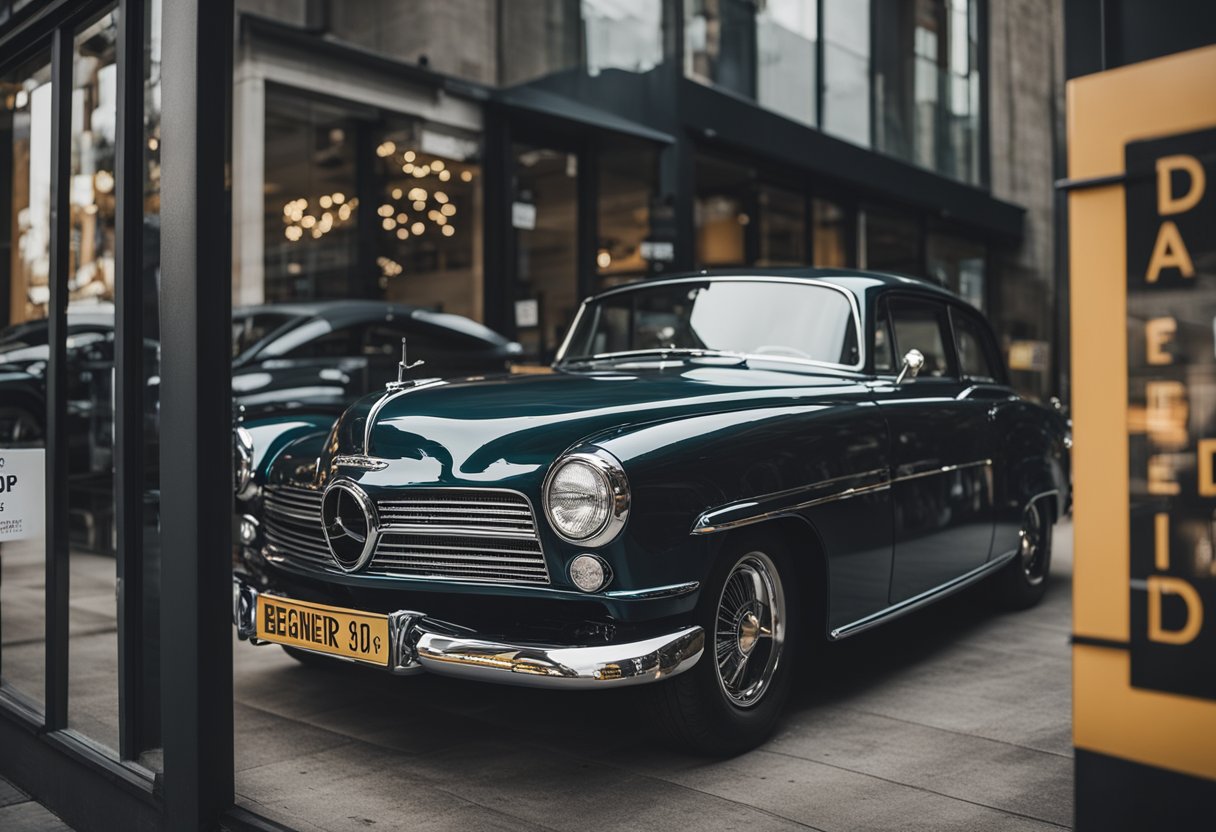 A shiny car parked in front of a detailing shop with a sign that reads "Beginner's Guide to Automotive Detailing". The shop has various detailing products displayed in the window