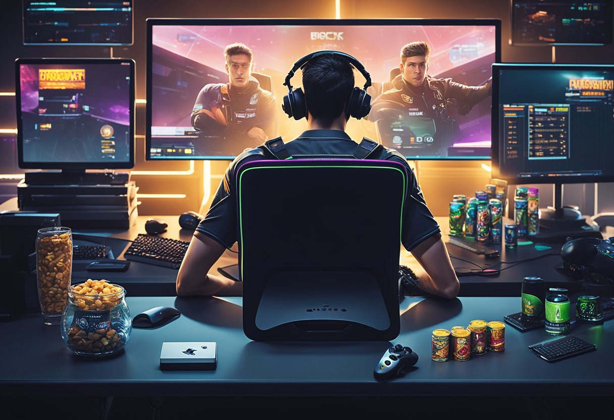 A focused esports player sits at their desk, surrounded by energy drinks and snacks. They are mentally preparing, with a determined expression and a game controller in hand