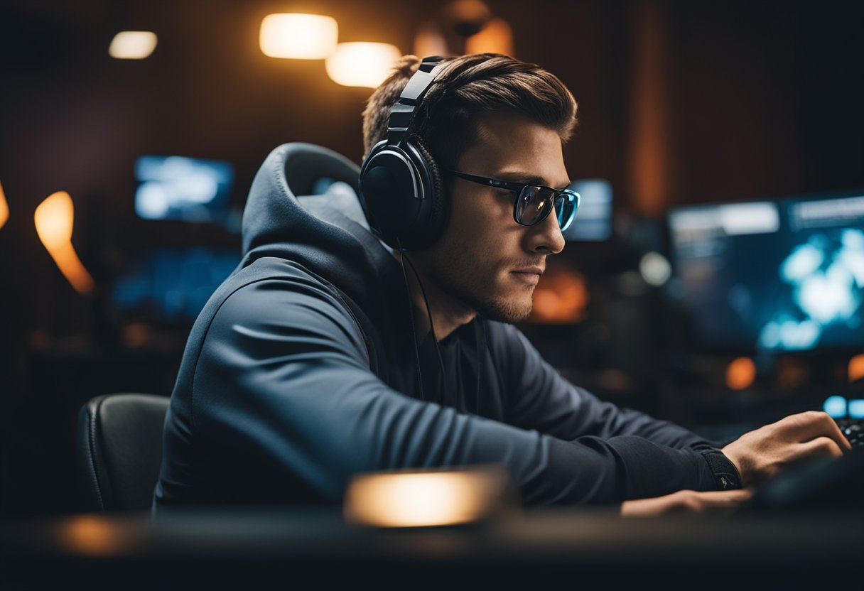 An esports player sits in a dimly lit room, surrounded by monitors and gaming equipment. They are focused, with a determined expression, as they strategize and execute precise movements on their keyboard and mouse