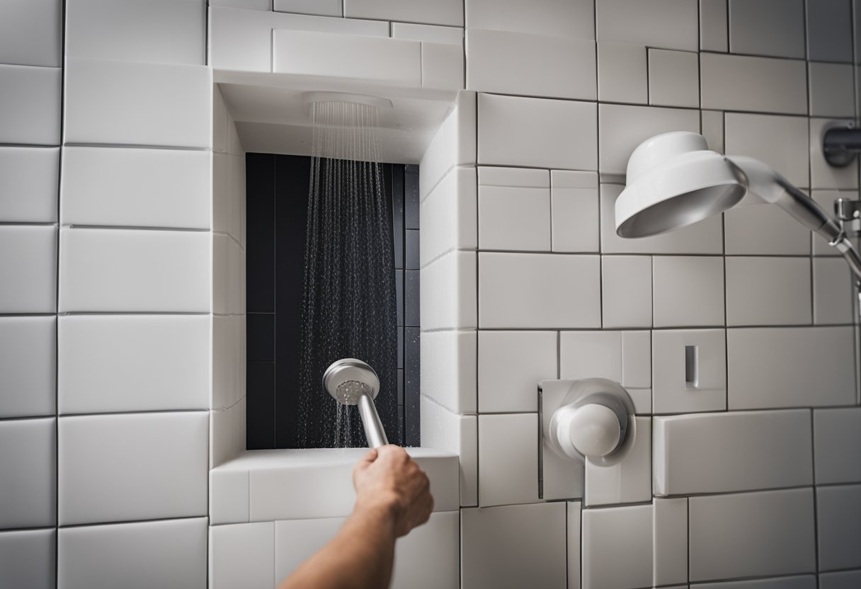 A shower niche is being installed in a tiled shower wall. The niche is being carefully positioned and secured in place with waterproofing materials