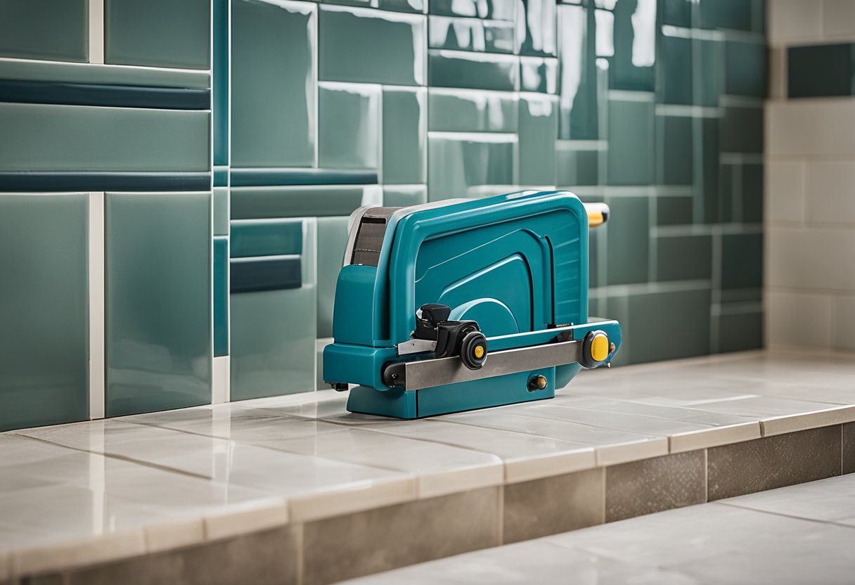 A tile saw, level, pencil, and construction adhesive sit next to a prepped shower wall with a cutout for a niche. Grout and tiles are ready for installation