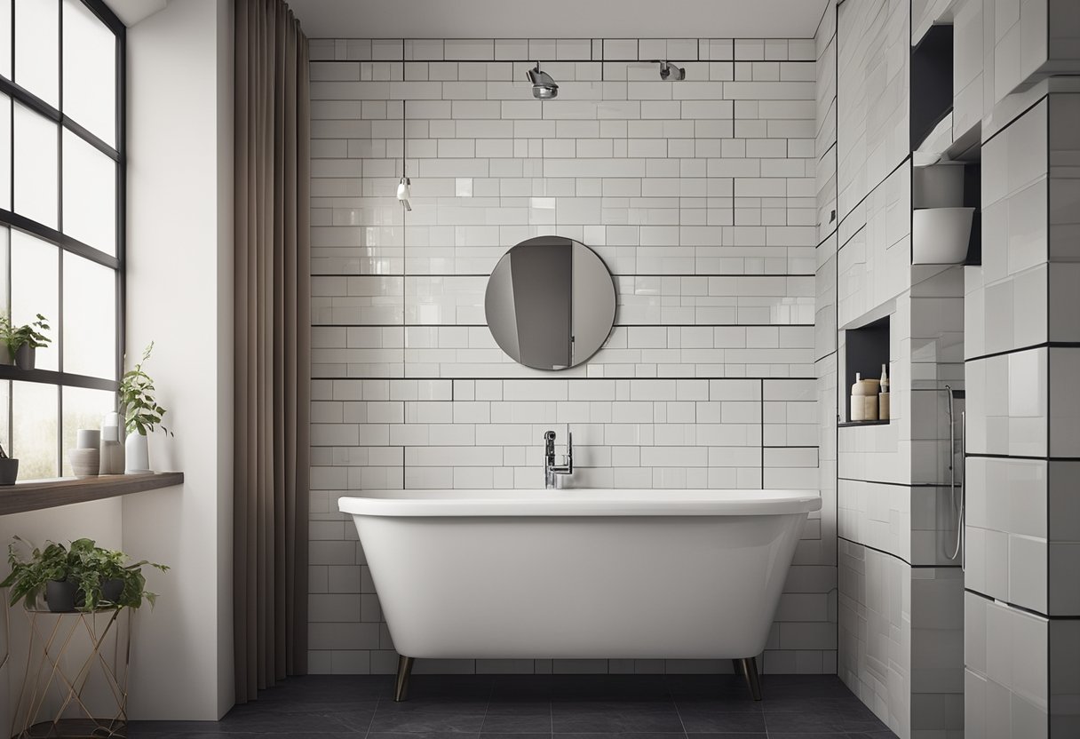 A bathroom wall with a marked location for a shower niche, surrounded by tiles and with a level and measuring tape nearby