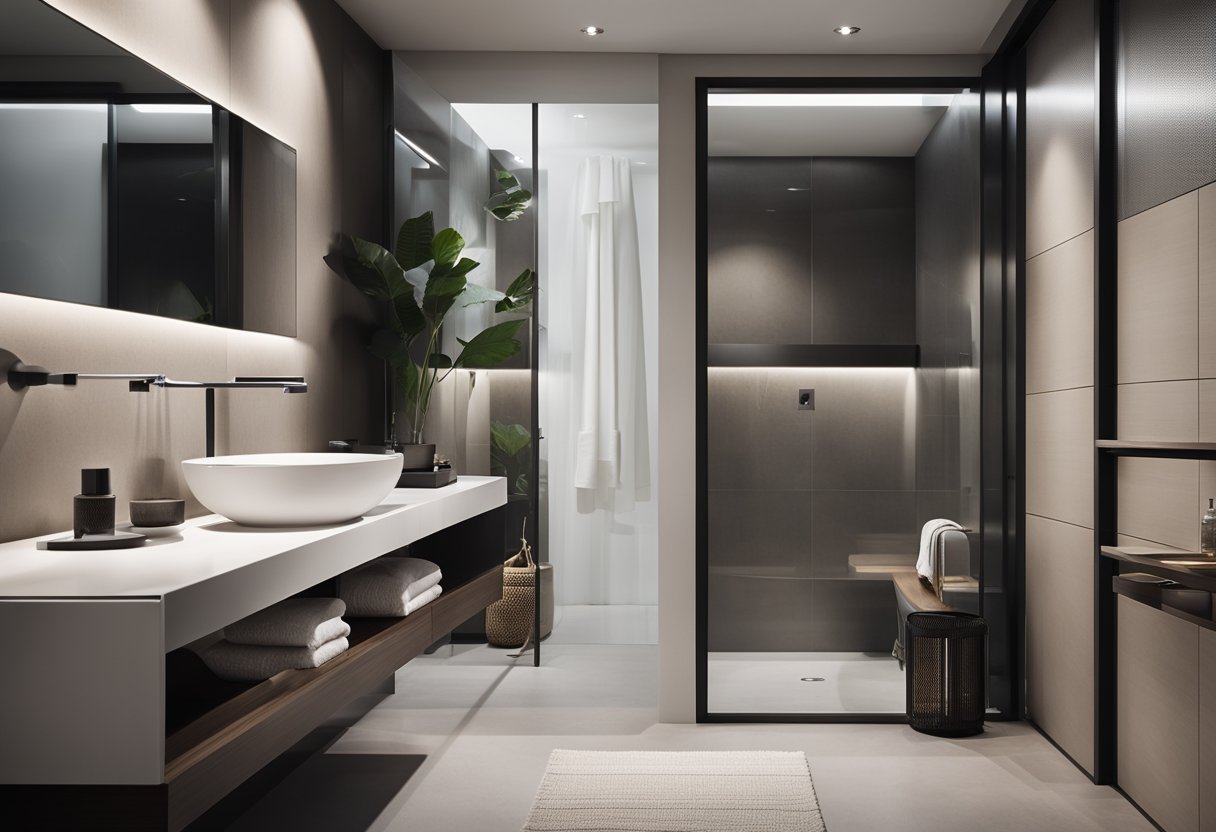 A modern bathroom with a sleek, floating sink. Clean lines, minimalistic design, and open space underneath for a contemporary feel
