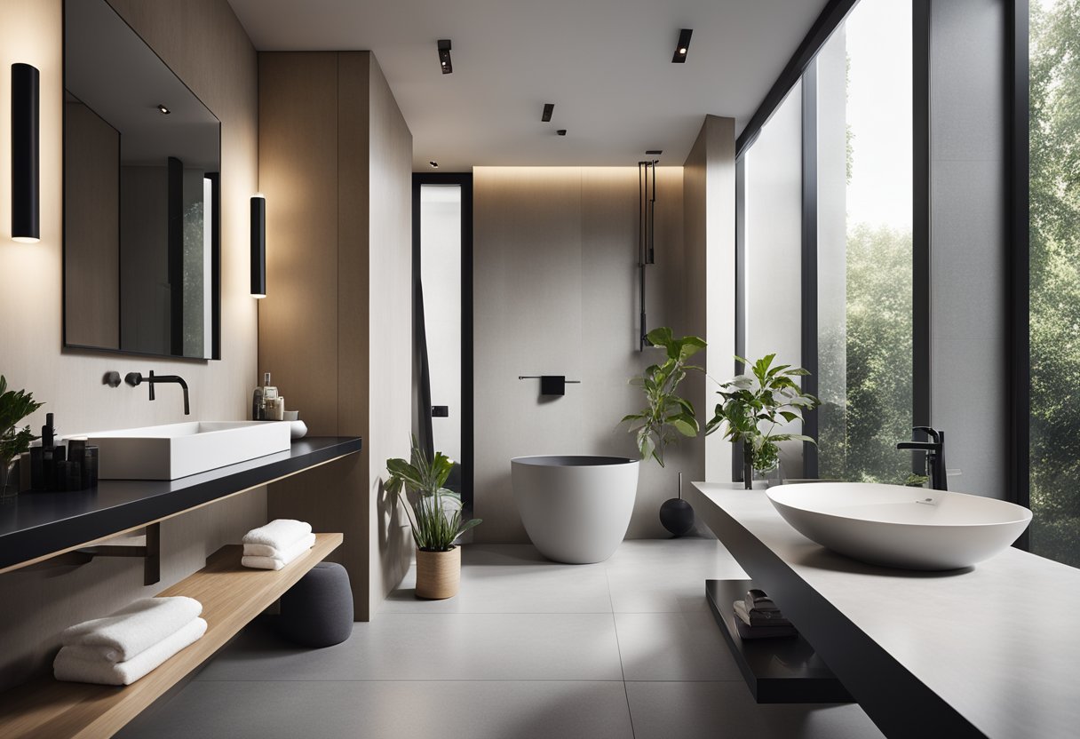 A modern bathroom with a sleek, floating sink, surrounded by minimalist decor and ample natural light