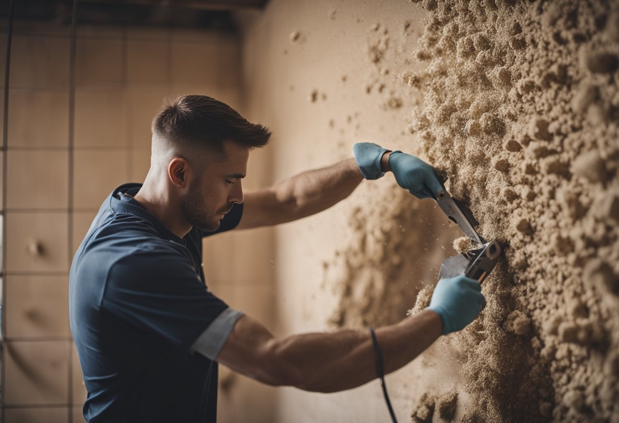 A person cuts a wall to install a shower niche. Sawdust and debris scatter as the wall is carefully carved out