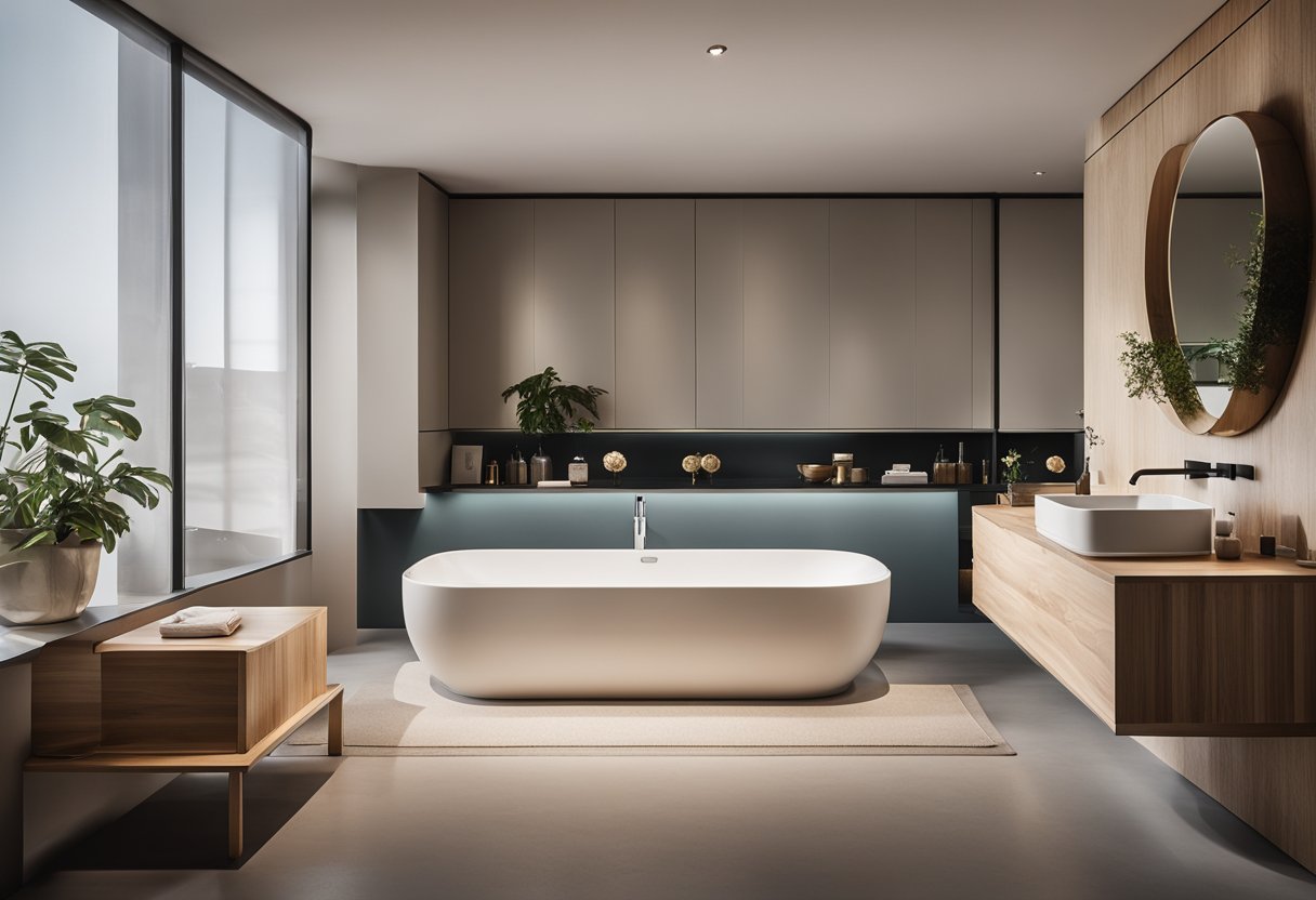 A sleek, modern bathroom with a floating sink. Clean lines and minimalistic design. Use of natural materials and soft lighting