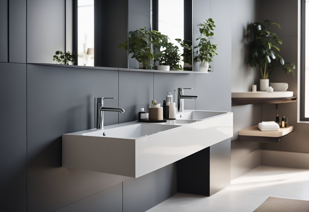 A sleek, modern bathroom with a floating sink suspended from the wall. Clean lines and minimalist design showcase the sink's durability and low maintenance