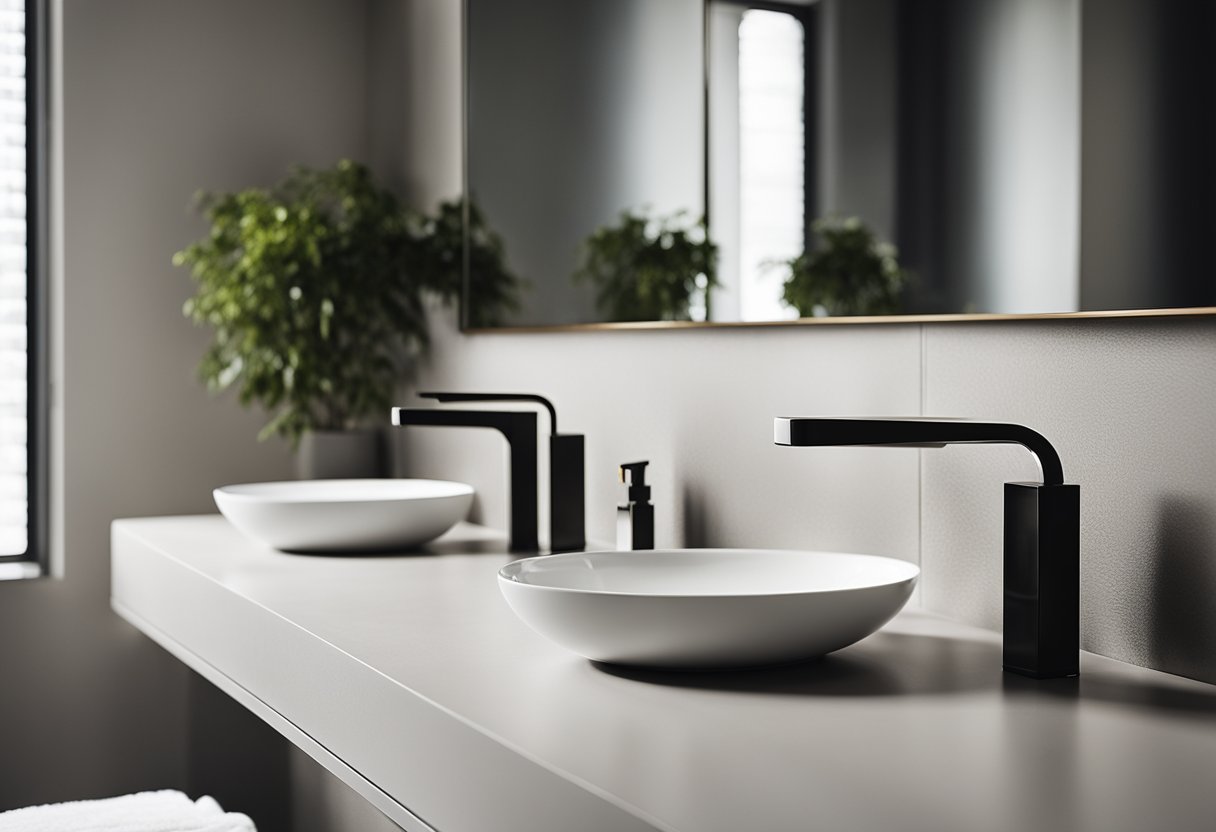 A modern bathroom with a sleek, floating sink, surrounded by clean lines and minimalist design. The sink is the focal point, exuding a sense of luxury and sophistication