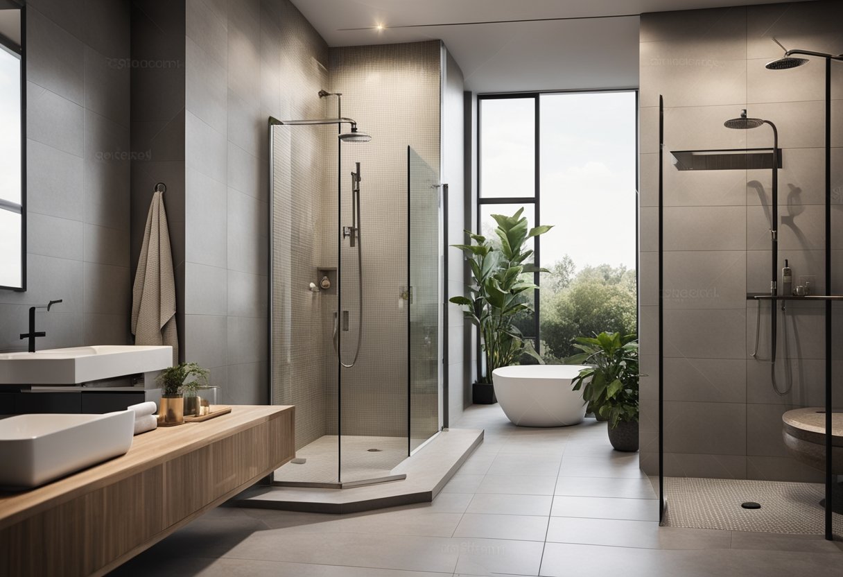 A bathroom with a modern shower replacing a traditional tub, surrounded by sleek fixtures and contemporary tile