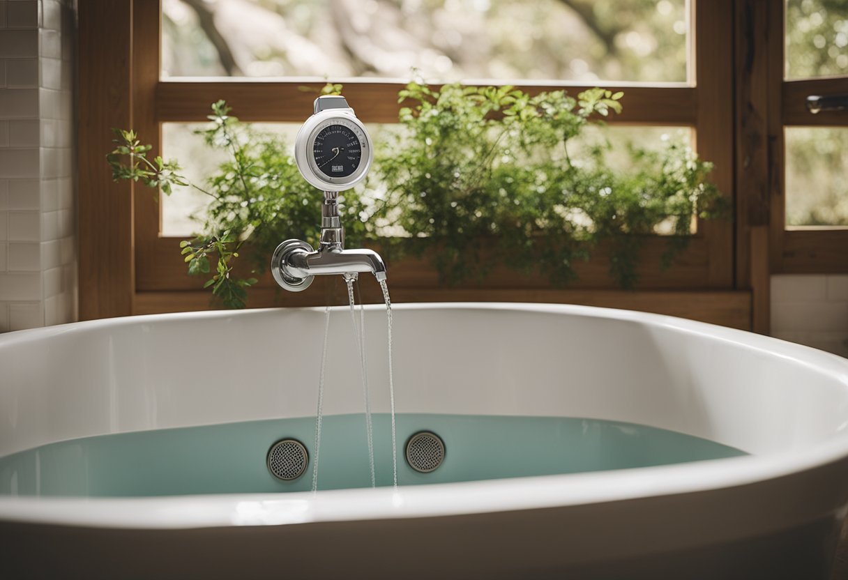 A bathtub and shower side by side, with a water usage meter next to them. The tub is filled with water while the shower is running. A tree and a dry, cracked ground in the background