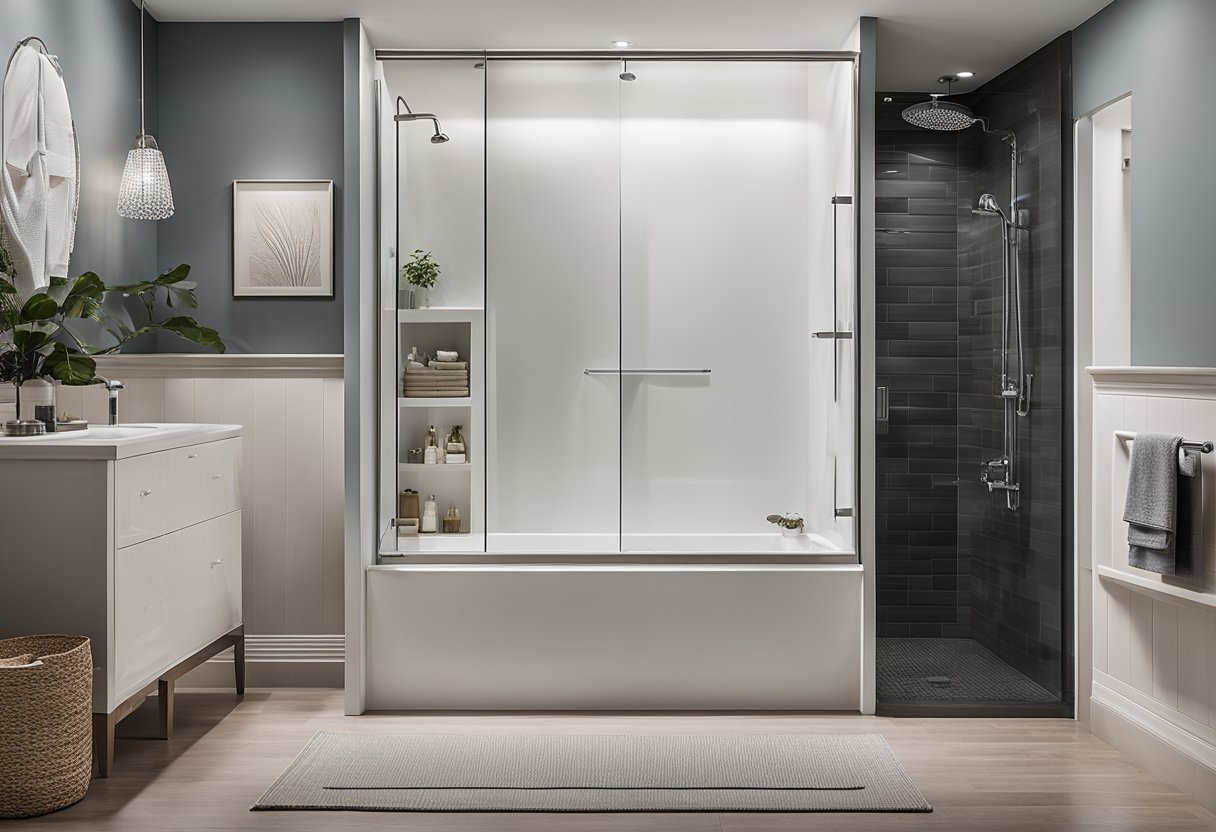 A bathtub and shower stand side by side, showcasing the decision homeowners face when considering a tub to shower conversion. The contrast between the two options is evident, highlighting the need for careful budgeting and consideration