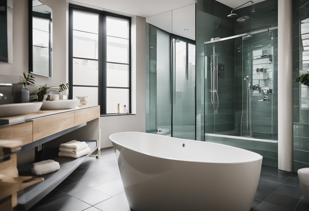 A bathroom with a bathtub and shower, showing plumbing connections and space considerations