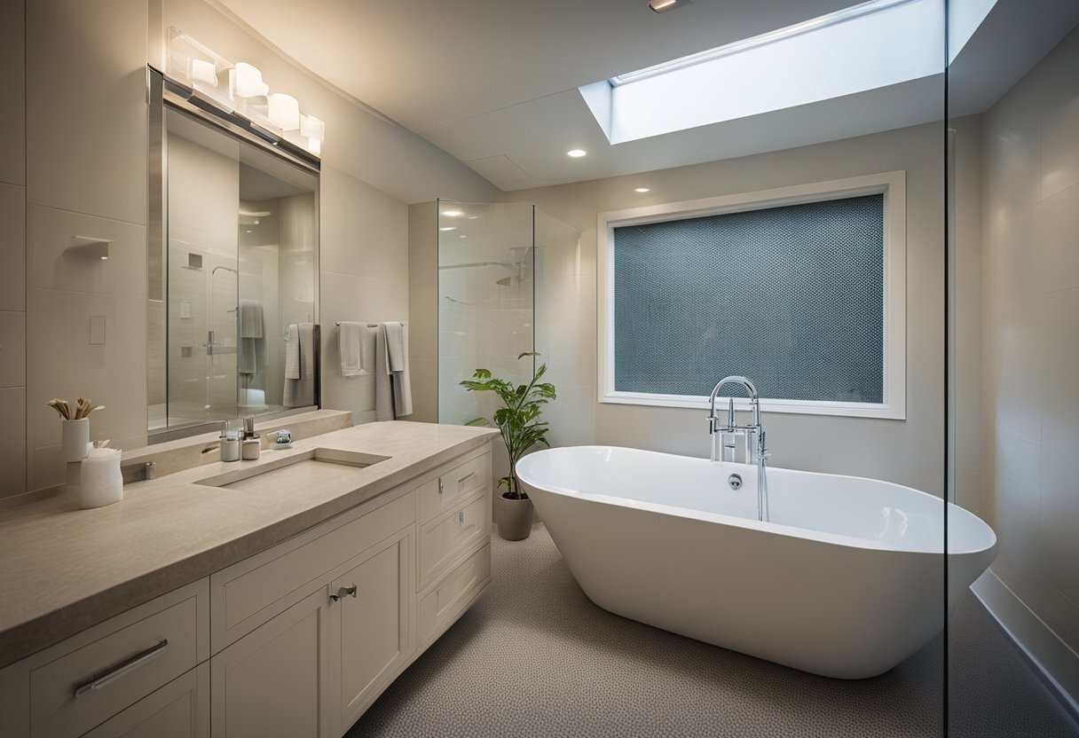A bathroom with a bathtub being removed and replaced with a shower, while ensuring compliance with local building codes and regulations