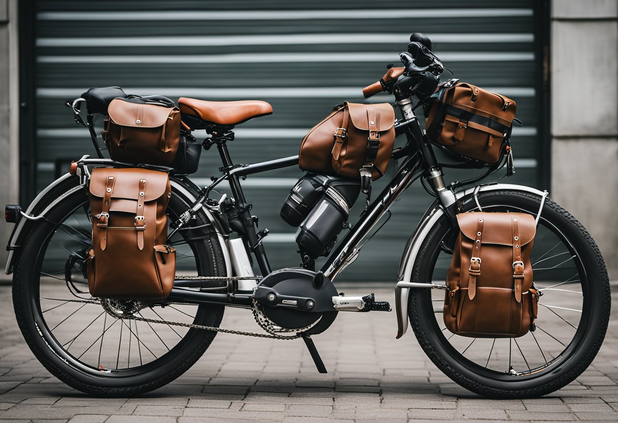 Touring bike with various saddlebag mounting options, including hard and soft bags, attached to the rear of the bike