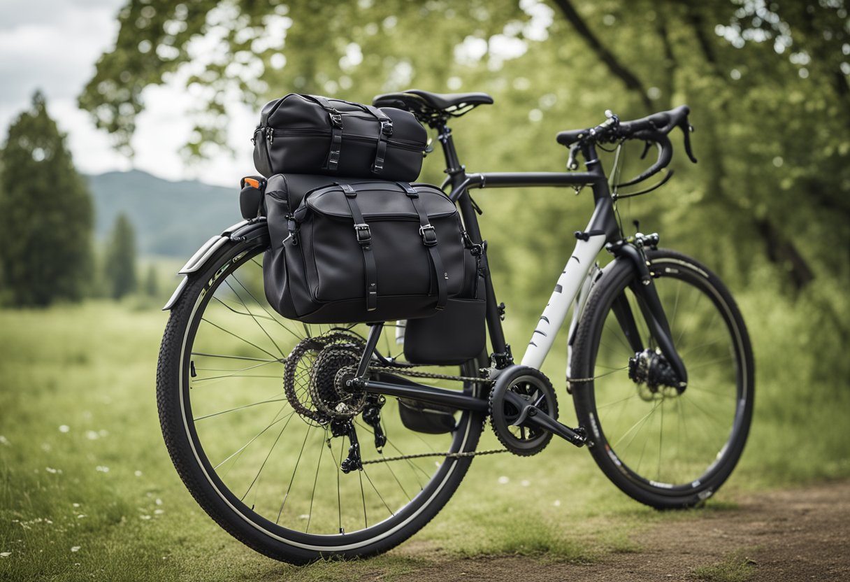 Touring bike with saddlebag mounting systems, shown from side view with clear focus on the mounting options