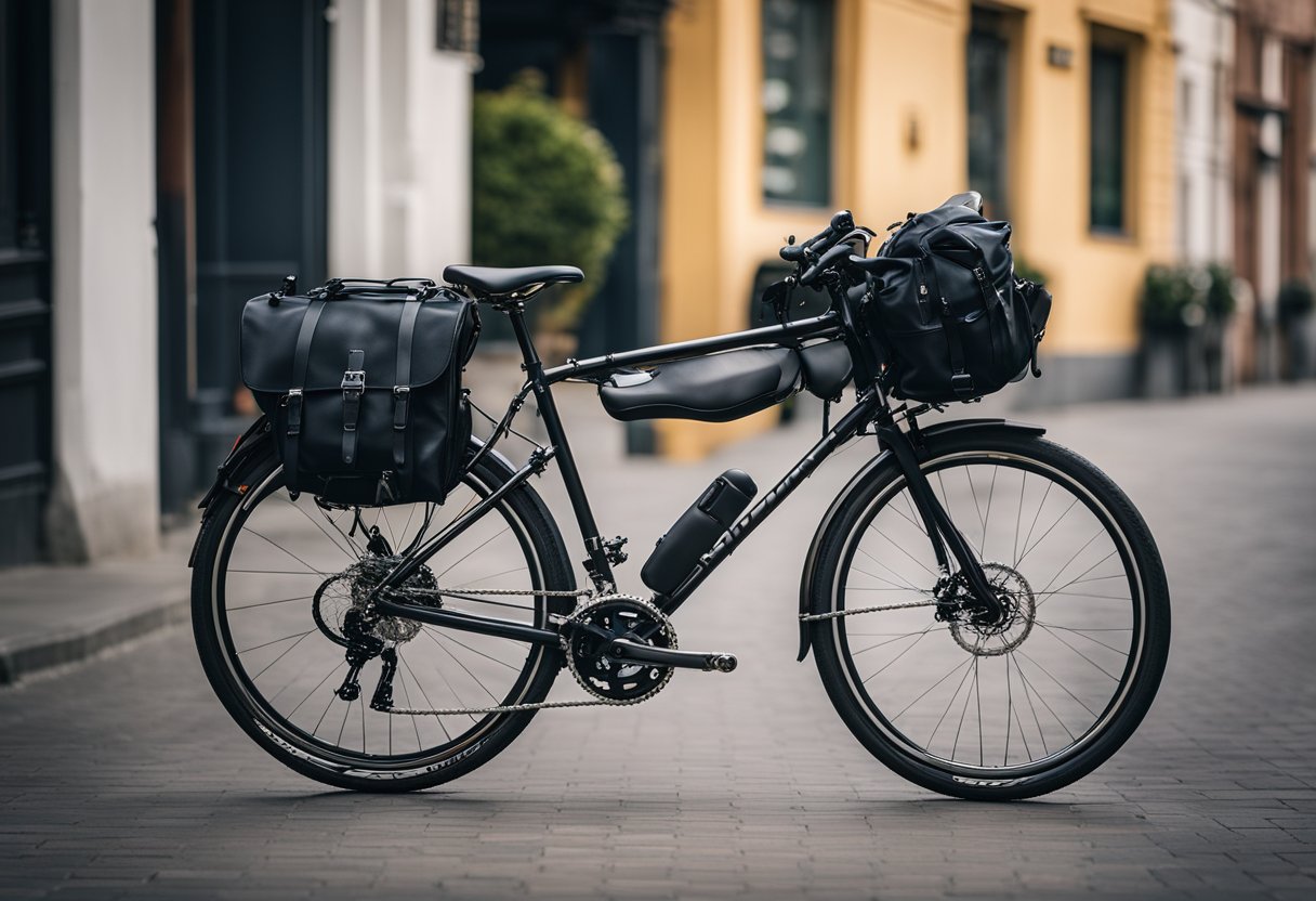 A touring bike is parked with various saddlebag mounting options displayed next to it, including racks, straps, and clips