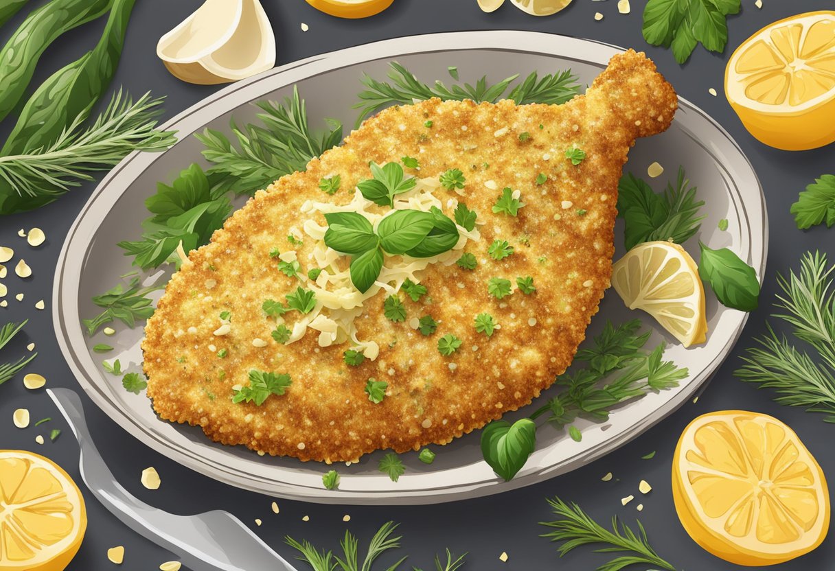 A sizzling chicken breast coated in a golden garlic parmesan crust, surrounded by fresh herbs and a sprinkle of grated cheese