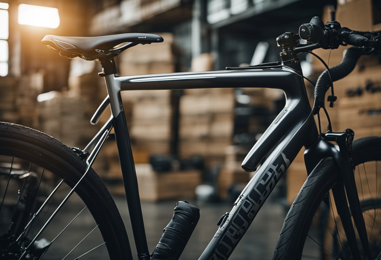 A touring bike with various saddlebag mounting options displayed in a workshop setting. Different styles of mounts are showcased on the bike for maintenance and care purposes