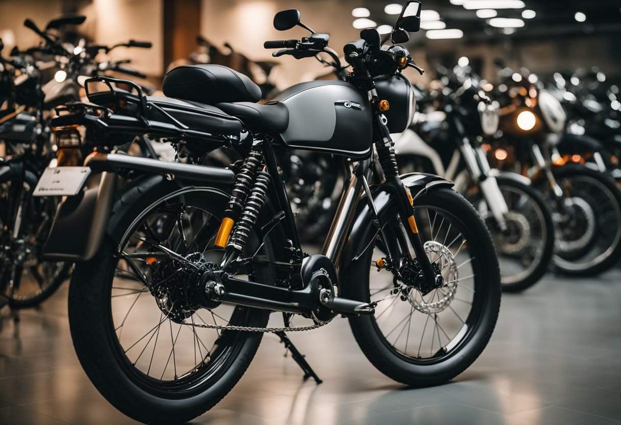 Touring bikes with various saddlebag mounting options displayed in a showroom