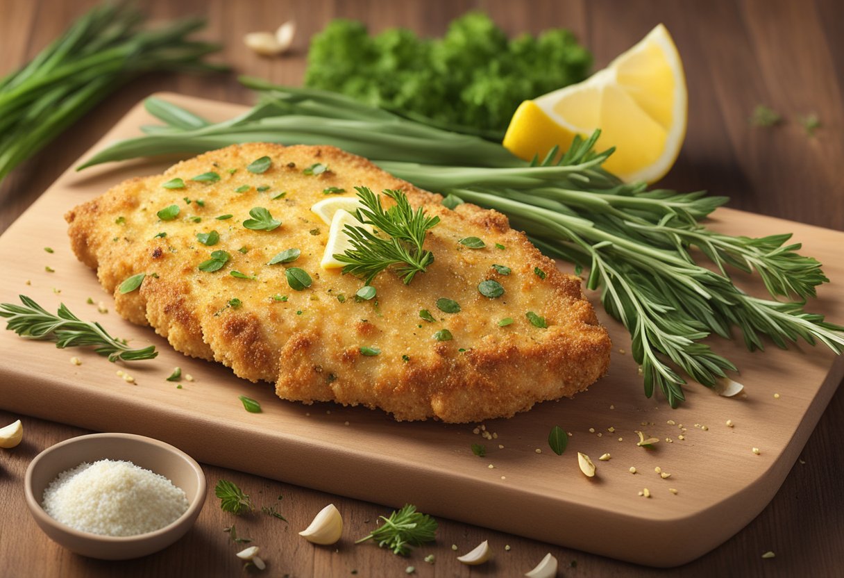 A sizzling chicken breast coated in a golden garlic parmesan crust, surrounded by fresh herbs, garlic cloves, and wedges of lemon on a wooden cutting board