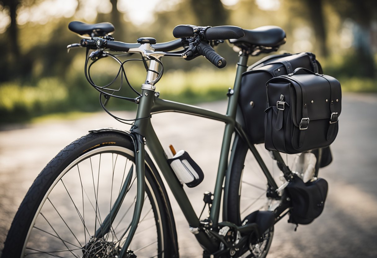 A touring bike with saddlebags mounted on the rear rack, showcasing different mounting options