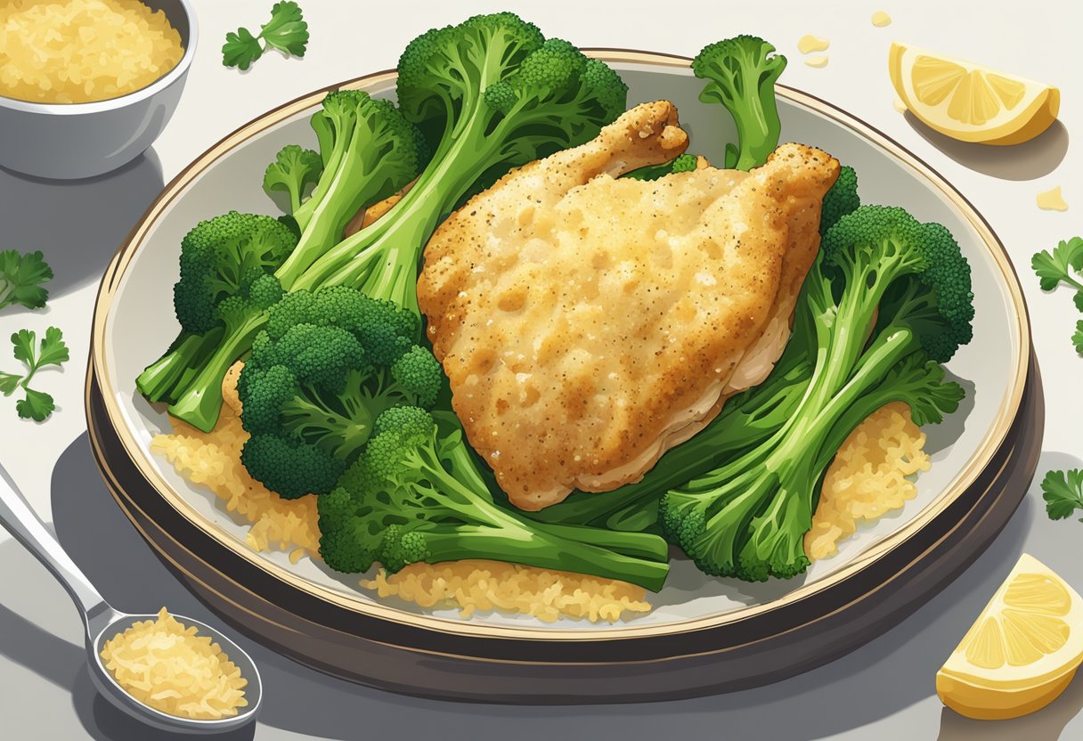 A plate of golden-brown garlic parmesan chicken sits atop a bed of vibrant green steamed broccoli, with a sprinkle of grated parmesan cheese and a garnish of fresh parsley on top