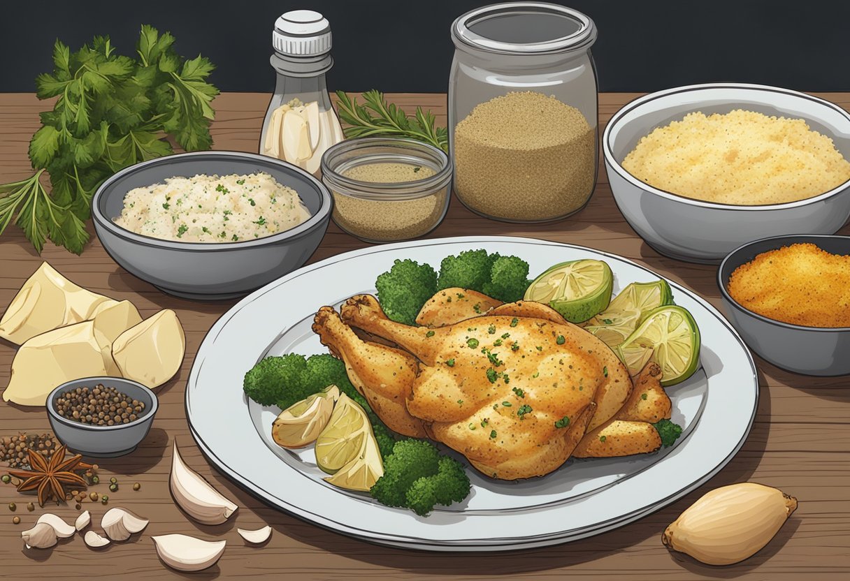 A plate of garlic parmesan chicken sits on a wooden table, surrounded by containers of leftovers and various spices