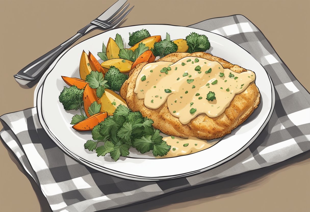 A golden-brown chicken breast is coated in a creamy garlic parmesan sauce, sprinkled with fresh herbs, and served alongside roasted vegetables