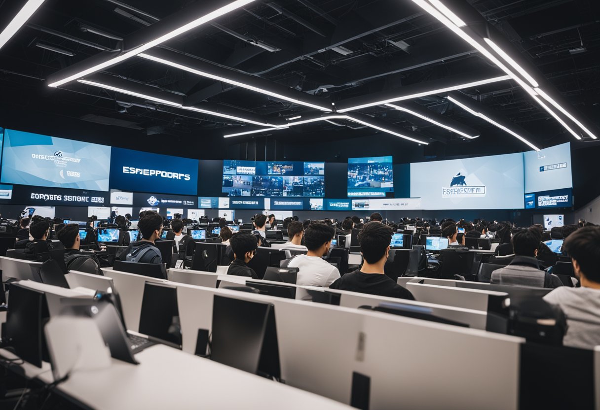 A university campus with students competing in esports tournaments, surrounded by banners promoting esports scholarships