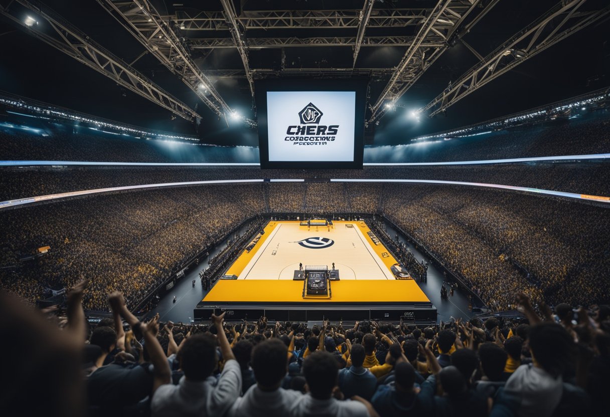 A packed stadium cheers as players compete on stage. University logos are displayed, showcasing the rise of esports scholarships