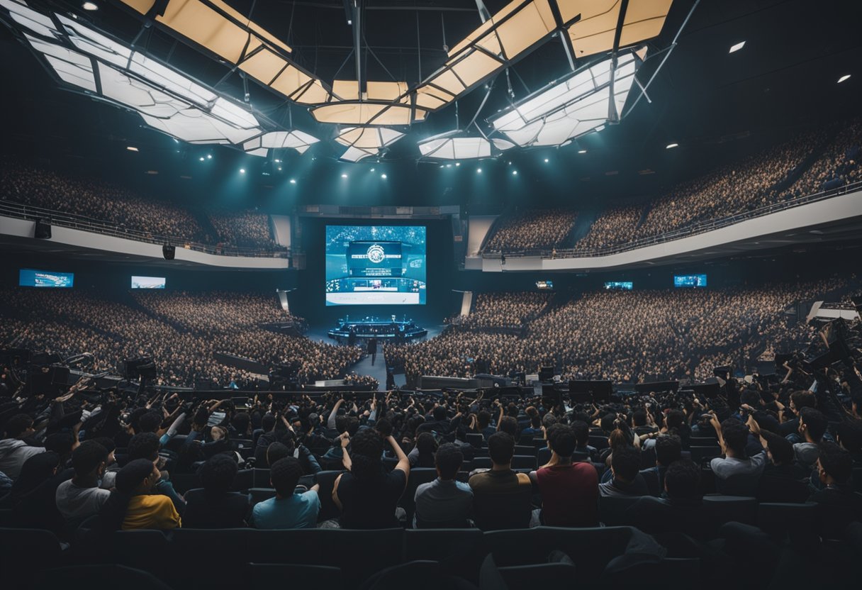 A crowded university auditorium filled with students watching intense esports matches on a large screen, while banners promoting esports scholarships hang from the ceiling